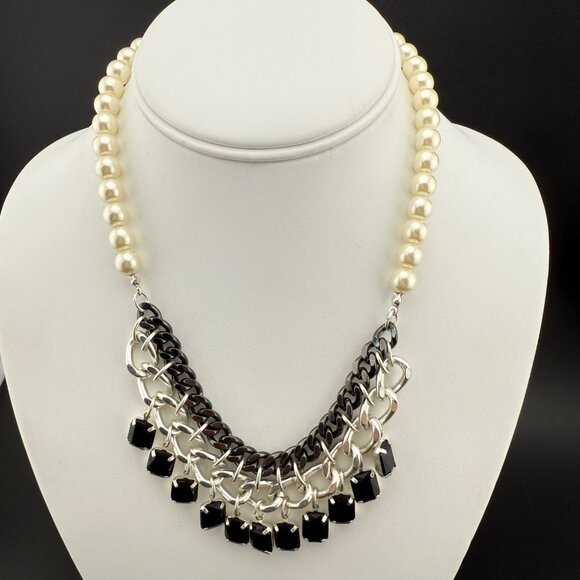Faux Pearl & Chain Statement Necklace With Black Square Charms In Silver-Tone Fi - Picture 1 of 7